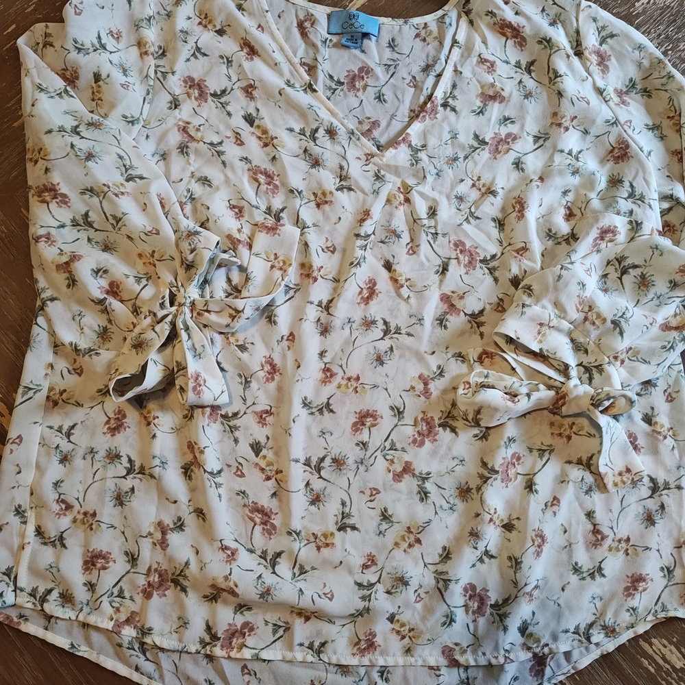 CeCe Floral Blouse with Tie Sleeves